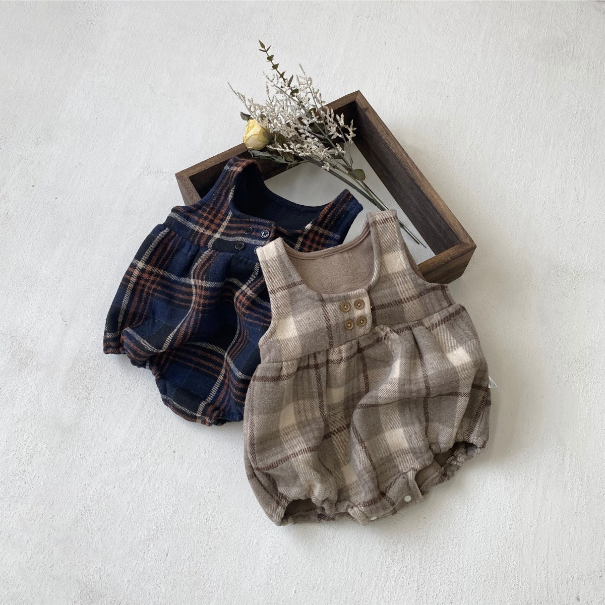 ノースリーブロンパース Tartan Plush Vest Romper Set タータンチェック 裏フリース ロンパース【mh0011852】
