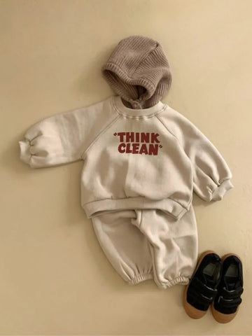 長袖セットアップ ベビーセットアップ THINK CLAEAN レターロゴプリントスウェットシャツ+スウェットパンツ 2カラー【mh0007236】