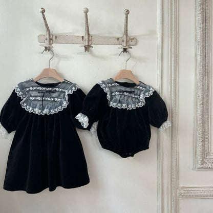 長袖ロンパース Velvet Lace Bow Jumpsuit パフスリーブ ベロア ロンパース【mh0011636】