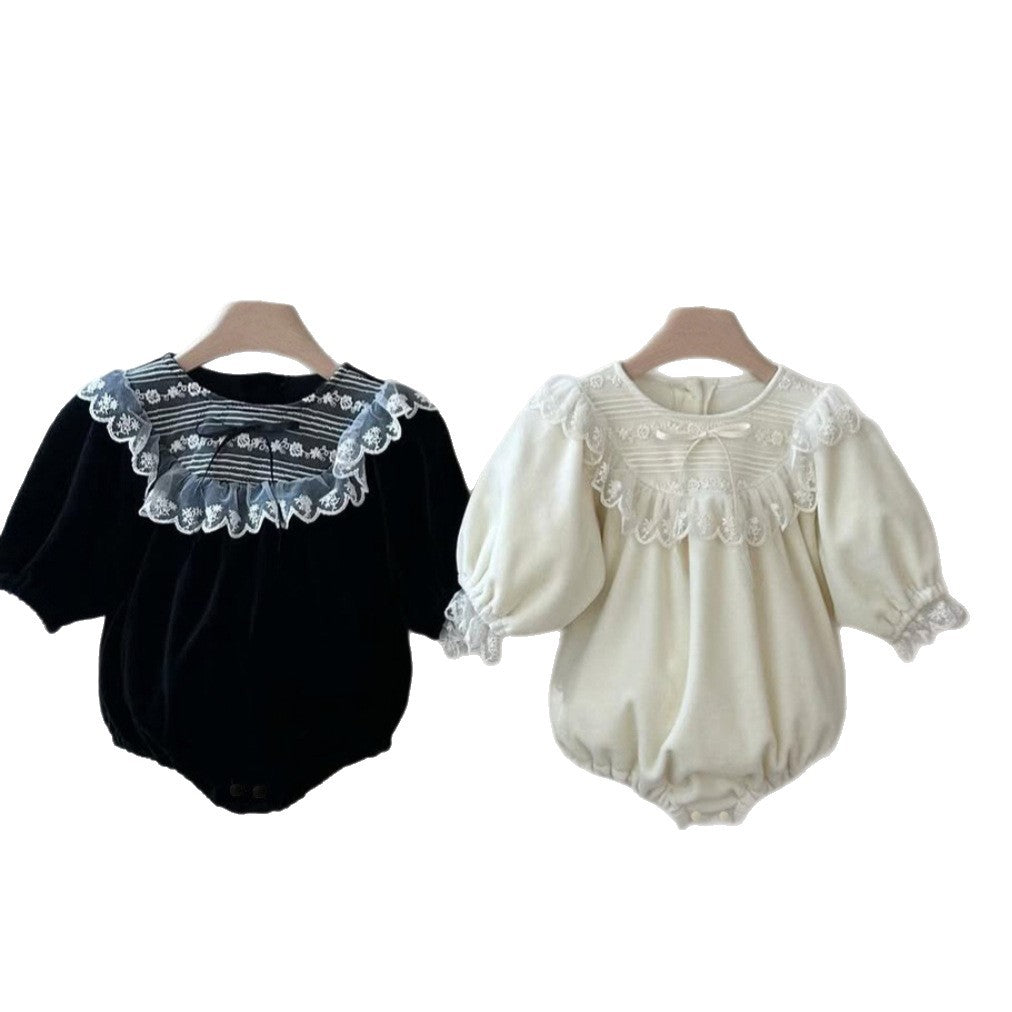 長袖ロンパース Velvet Lace Bow Jumpsuit パフスリーブ ベロア ロンパース【mh0011636】