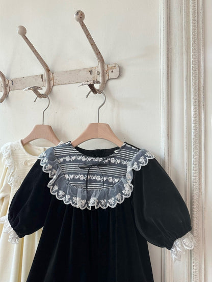 長袖ロンパース Velvet Lace Bow Jumpsuit パフスリーブ ベロア ロンパース【mh0011636】