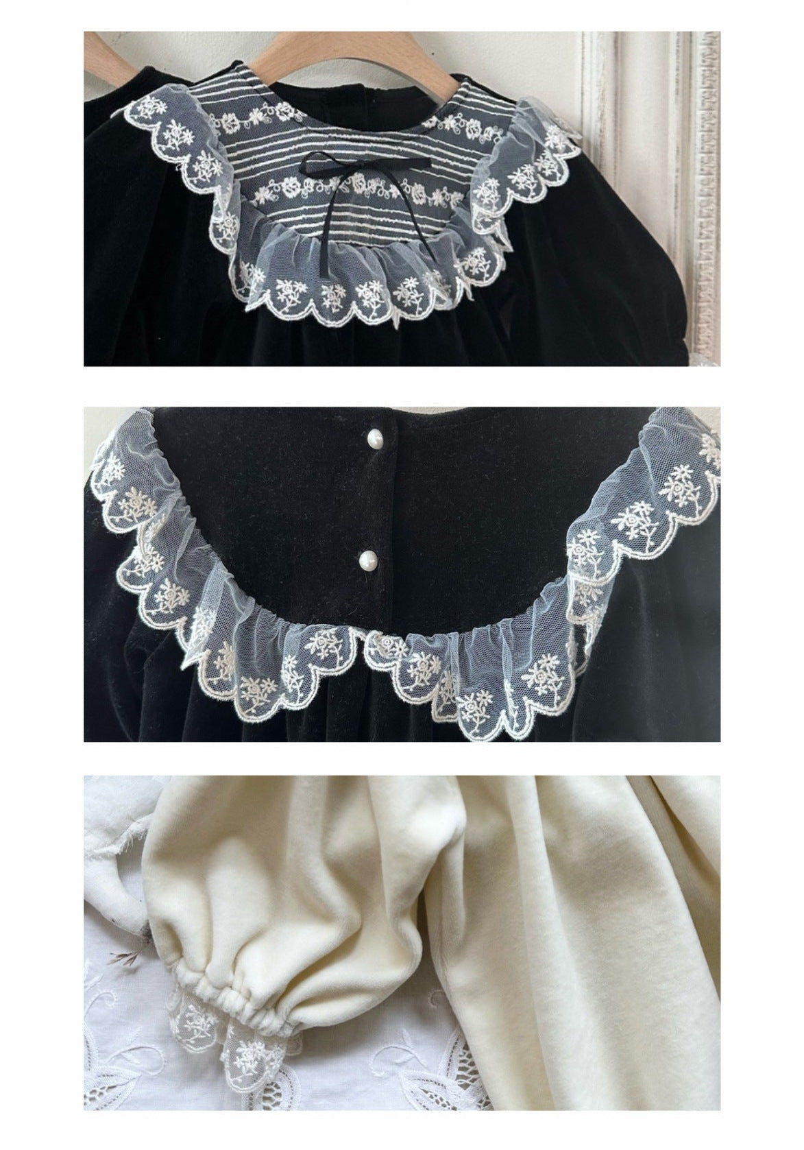 長袖ロンパース Velvet Lace Bow Jumpsuit パフスリーブ ベロア ロンパース【mh0011636】