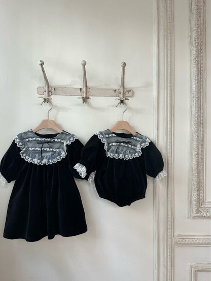 長袖ロンパース Velvet Lace Bow Jumpsuit パフスリーブ ベロア ロンパース【mh0011636】