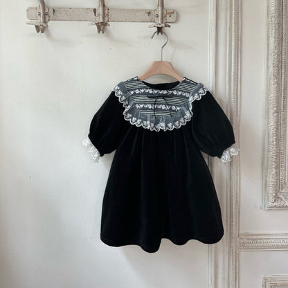 長袖ワンピース Velvet Lace Bow Princess Dress ベロア レースリボン ワンピース【mh0011635】