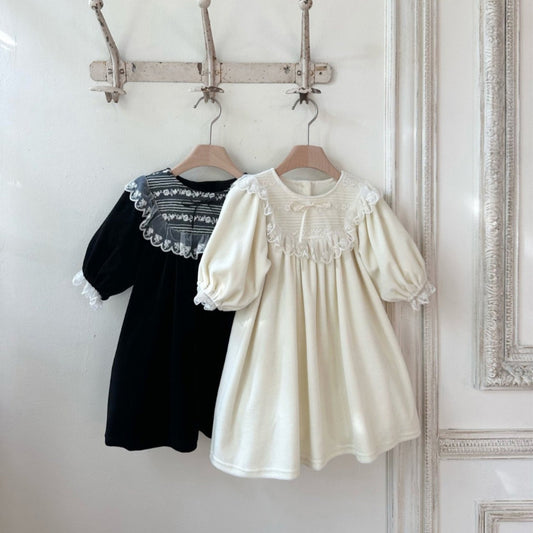 長袖ワンピース Velvet Lace Bow Princess Dress ベロア レースリボン ワンピース【mh0011635】