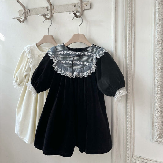 長袖ワンピース Velvet Lace Bow Princess Dress ベロア レースリボン ワンピース【mh0011635】
