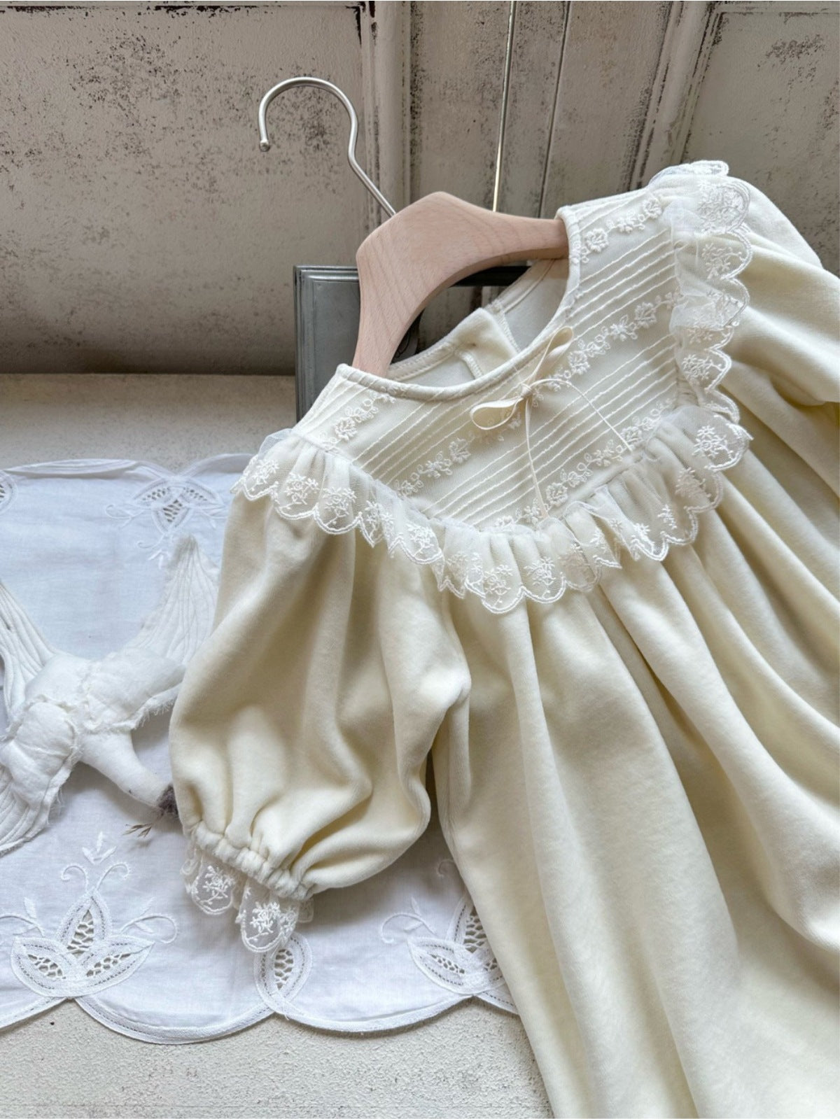 長袖ワンピース Velvet Lace Bow Princess Dress ベロア レースリボン ワンピース【mh0011635】