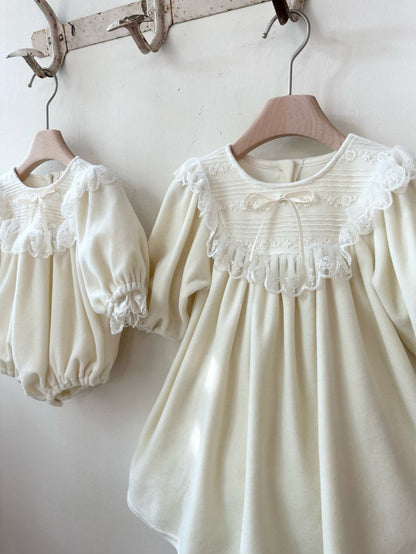長袖ワンピース Velvet Lace Bow Princess Dress ベロア レースリボン ワンピース【mh0011635】