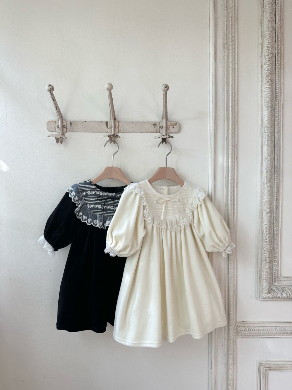 長袖ワンピース Velvet Lace Bow Princess Dress ベロア レースリボン ワンピース【mh0011635】