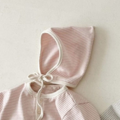 長袖ロンパース Vermicelli hat / One Size ボーダー長袖ロンパース+ボンネット帽子セット【mh0010598】