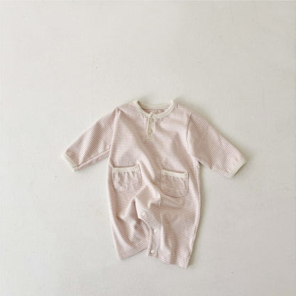 長袖ロンパース Vermicelli jumpsuit / 66cm ボーダー長袖ロンパース+ボンネット帽子セット【mh0010598】