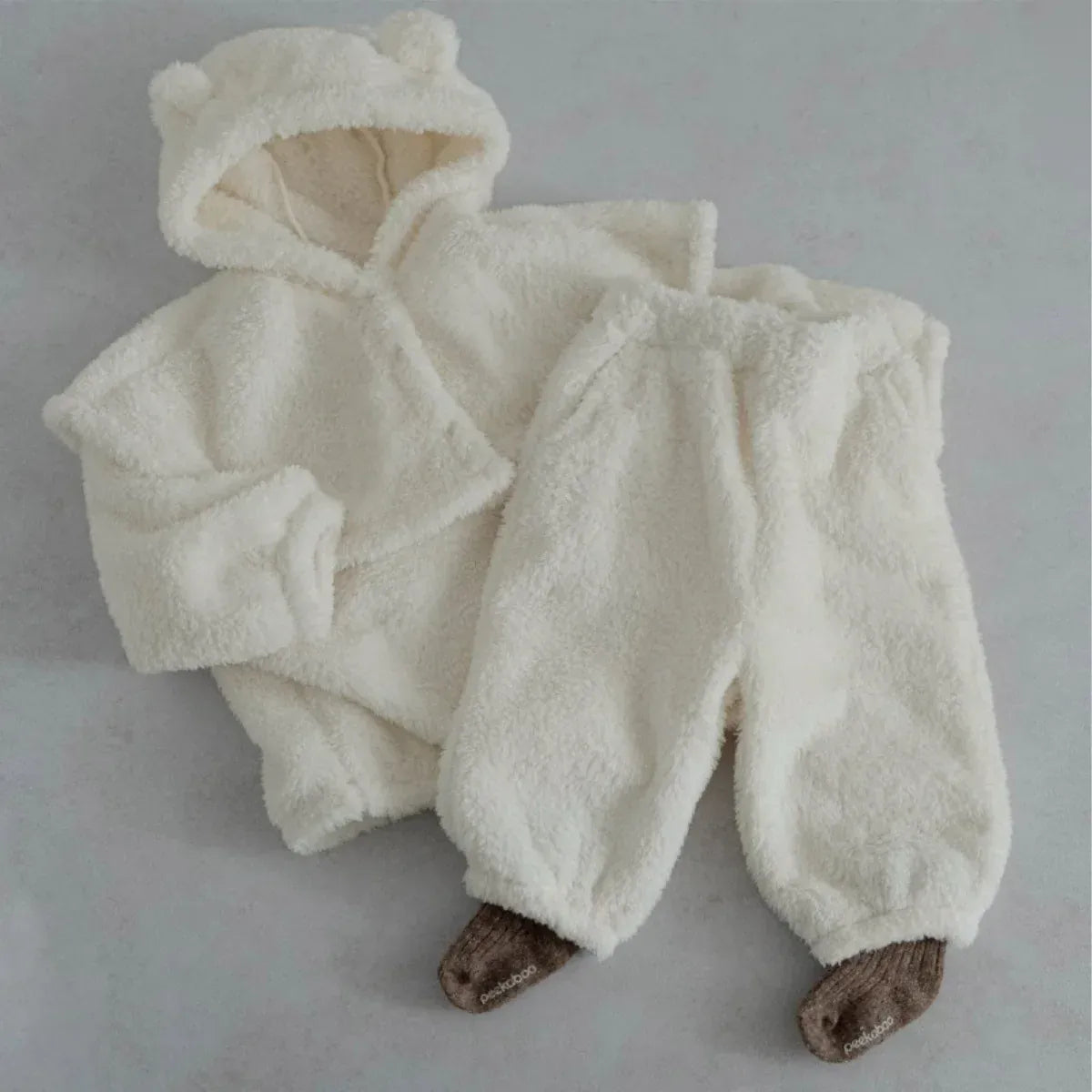 長袖セットアップ white 3pcs suit / 6M  66CM ベビーセットアップ 3点セット くま耳フーディケープポンチョ+ボアフリース長袖プルオーバー+ロングパンツ