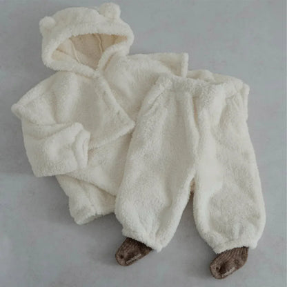長袖セットアップ white 3pcs suit / 6M  66CM ベビーセットアップ 3点セット くま耳フーディケープポンチョ+ボアフリース長袖プルオーバー+ロングパンツ