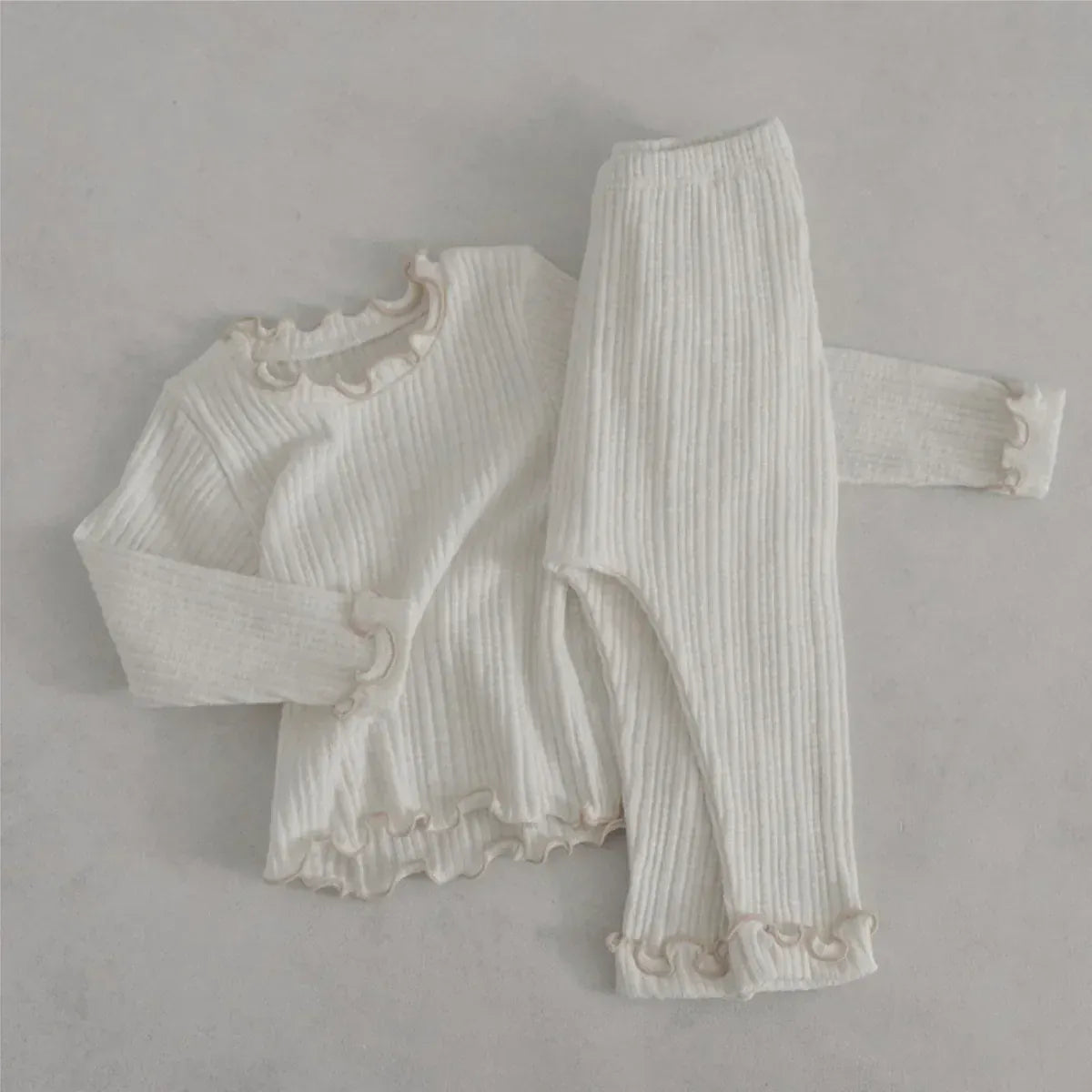 長袖セットアップ White / 66cm 0-6m ベビーセットアップ 2点セット プリーツ加工フリル長袖Tシャツ+プリーツ加工ロングパンツ 5カラー【mh0007089】