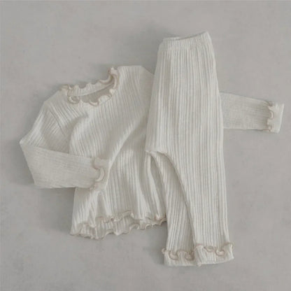 長袖セットアップ White / 66cm 0-6m ベビーセットアップ 2点セット プリーツ加工フリル長袖Tシャツ+プリーツ加工ロングパンツ 5カラー【mh0007089】