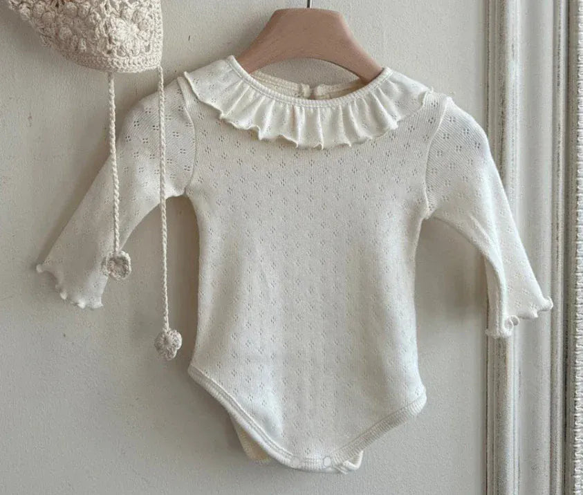 長袖ロンパース White / 66cm 0-6m ベベビーロンパース ラッフル襟シンプル長袖ボディスーツ 3カラー【mh0007281】