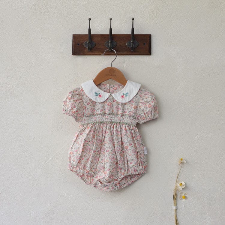 半袖ロンパース White / 66cm フラワー刺繍丸襟花柄プリント半袖ロンパース【mh0010003】