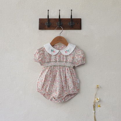 半袖ロンパース White / 66cm フラワー刺繍丸襟花柄プリント半袖ロンパース【mh0010003】