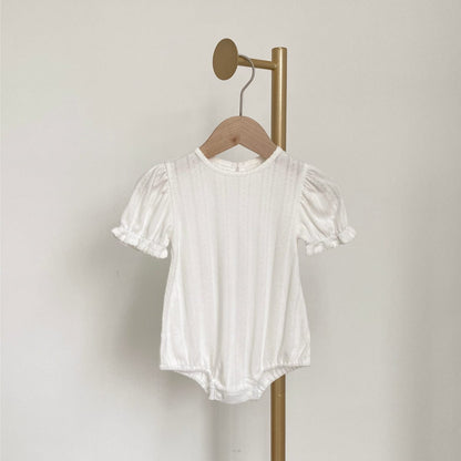 半袖ロンパース White / 66cm レースニット半袖パフスリーブロンパース【mh0010205】