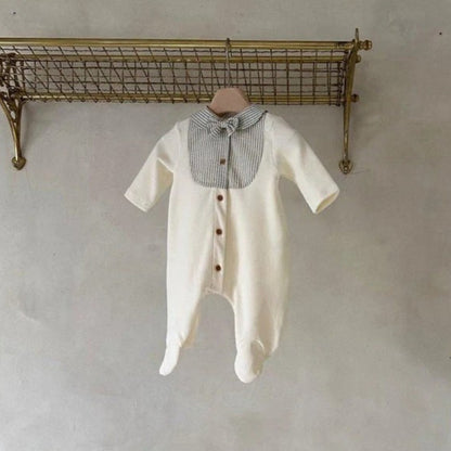 長袖ロンパース White / 66cm Splicing Foot Wrap Jumpsuit 切替デザイン 足つき ロンパース【mh0011937】