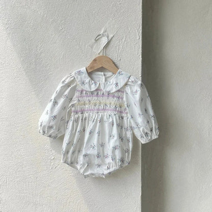 長袖ロンパース White / 6M  66CM ベビーロンパース フラワープリントシャーリング丸襟長袖ボディスーツ【mh0008598】