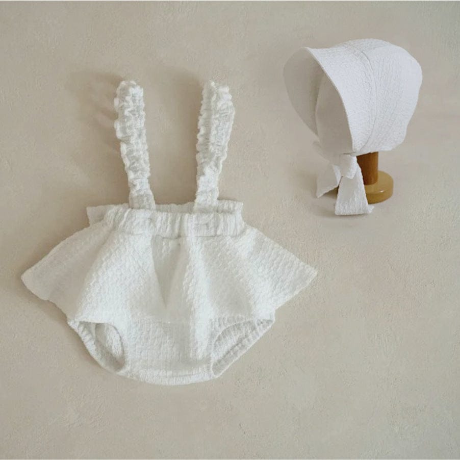 ブルマパンツ White Suit (Jumpsuit + Hat) / 66cm フリルショルダースカートサスペンダーブルマパンツ+ボンネット帽子セット【mh0009990】