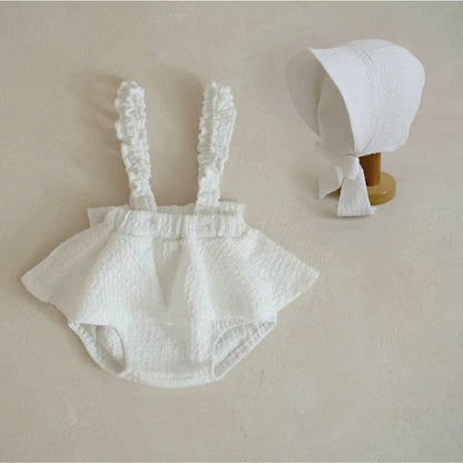 ブルマパンツ White Suit (Jumpsuit + Hat) / 66cm フリルショルダースカートサスペンダーブルマパンツ+ボンネット帽子セット【mh0009990】