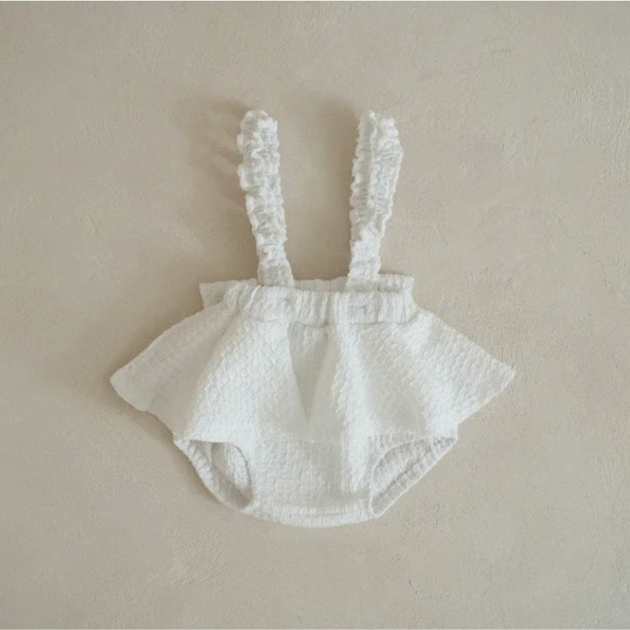 ブルマパンツ White suspender jumpsuit / 66cm フリルショルダースカートサスペンダーブルマパンツ+ボンネット帽子セット【mh0009990】