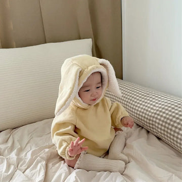 長袖ロンパース Yellow / 6M  66CM ベビーロンパース ビッグうさ耳フーディ長袖ロンパース【mh0008379】
