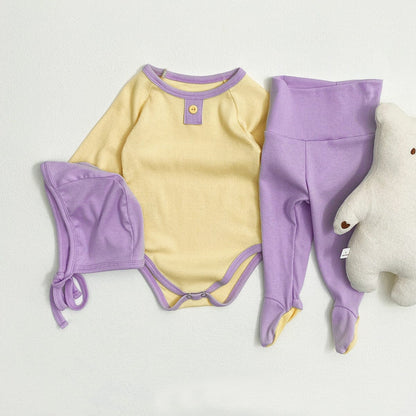 ロンパースセットアップ Yellow and Purple 3-Piece Set (Jumpsuit + High-Waisted Pants + Hat) / 66cm バイカラー長袖ロンパース+足付きレギンスパンツ+ボンネット帽子セット【mh0010604】