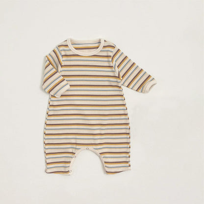 長袖ロンパース Yellow Romper / 66cm カラフルボーダーロンパース ボンネット付き リブ編み コットンカバーオール 2点セット【mh0010891】