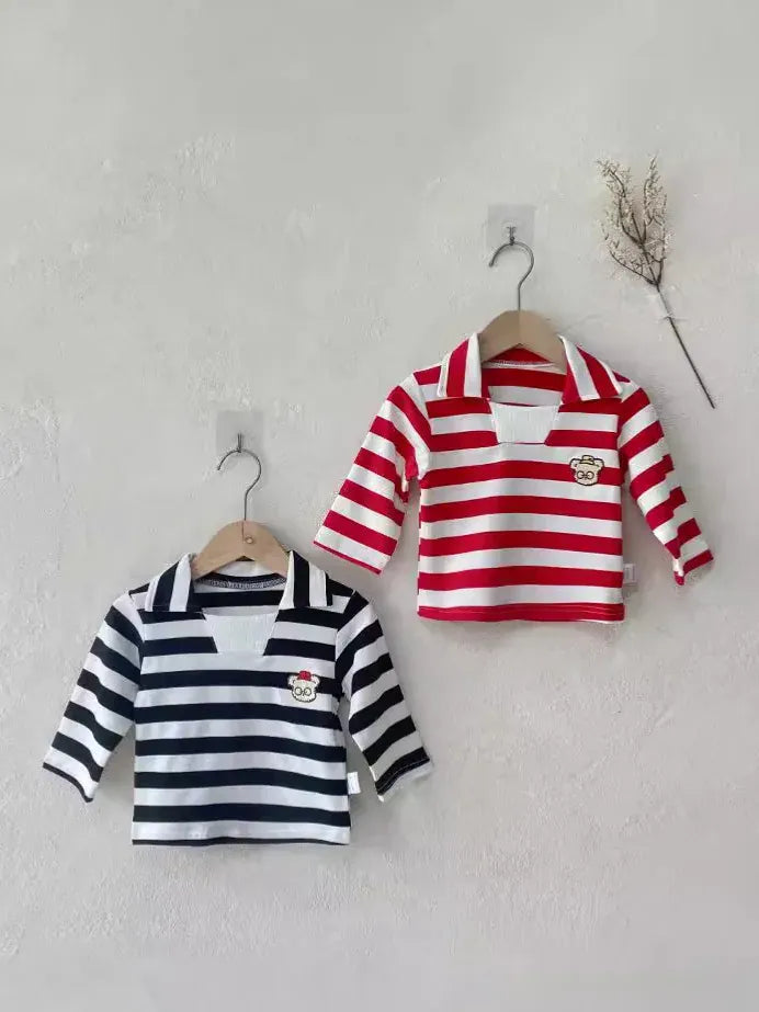 長袖Tシャツ ベビートップス ベアくまワッペンボーダー長袖ラガーシャツ 2カラー【mh0007070】
