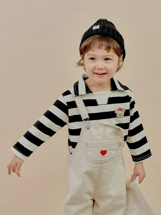 長袖Tシャツ ベビートップス ベアくまワッペンボーダー長袖ラガーシャツ 2カラー【mh0007070】