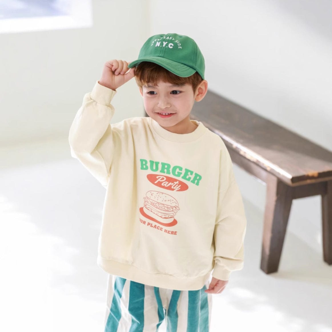 長袖Tシャツ Cream / 90cm ハンバーガーロゴプリント長袖スウェットシャツ【mh0011106】