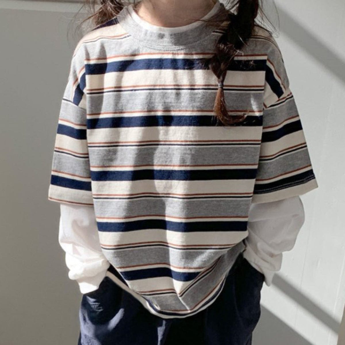 長袖Tシャツ Gray / 90cm 重ね着風長袖Tシャツ ボーダー柄 フェイクレイヤード コットンキッズトップス【mh0010883】