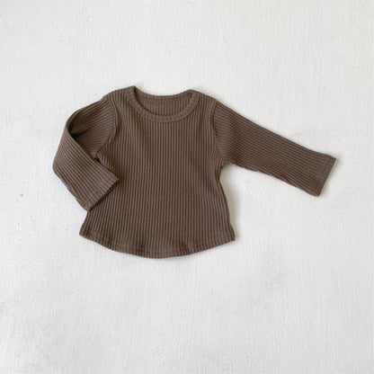 長袖Tシャツ Light Coffee / 66cm リブ編み長袖Tシャツ シンプルデザイン コットンキッズトップス【mh0010897】