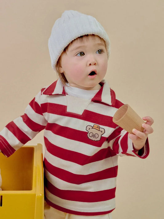 長袖Tシャツ Red / 9M  73CM ベビートップス ベアくまワッペンボーダー長袖ラガーシャツ 2カラー【mh0007070】