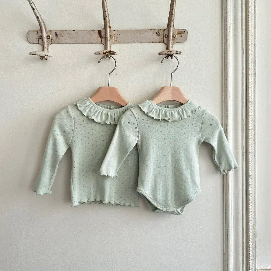 長袖Tシャツ ベビートップス ラッフル襟シンプル長袖Tシャツ 3カラー【mh0007282】