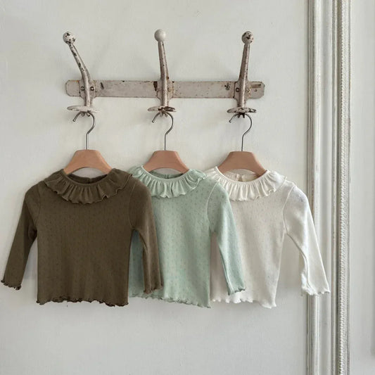 長袖Tシャツ ベビートップス ラッフル襟シンプル長袖Tシャツ 3カラー【mh0007282】