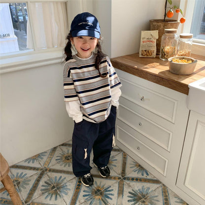 長袖Tシャツ 重ね着風長袖Tシャツ ボーダー柄 フェイクレイヤード コットンキッズトップス【mh0010883】