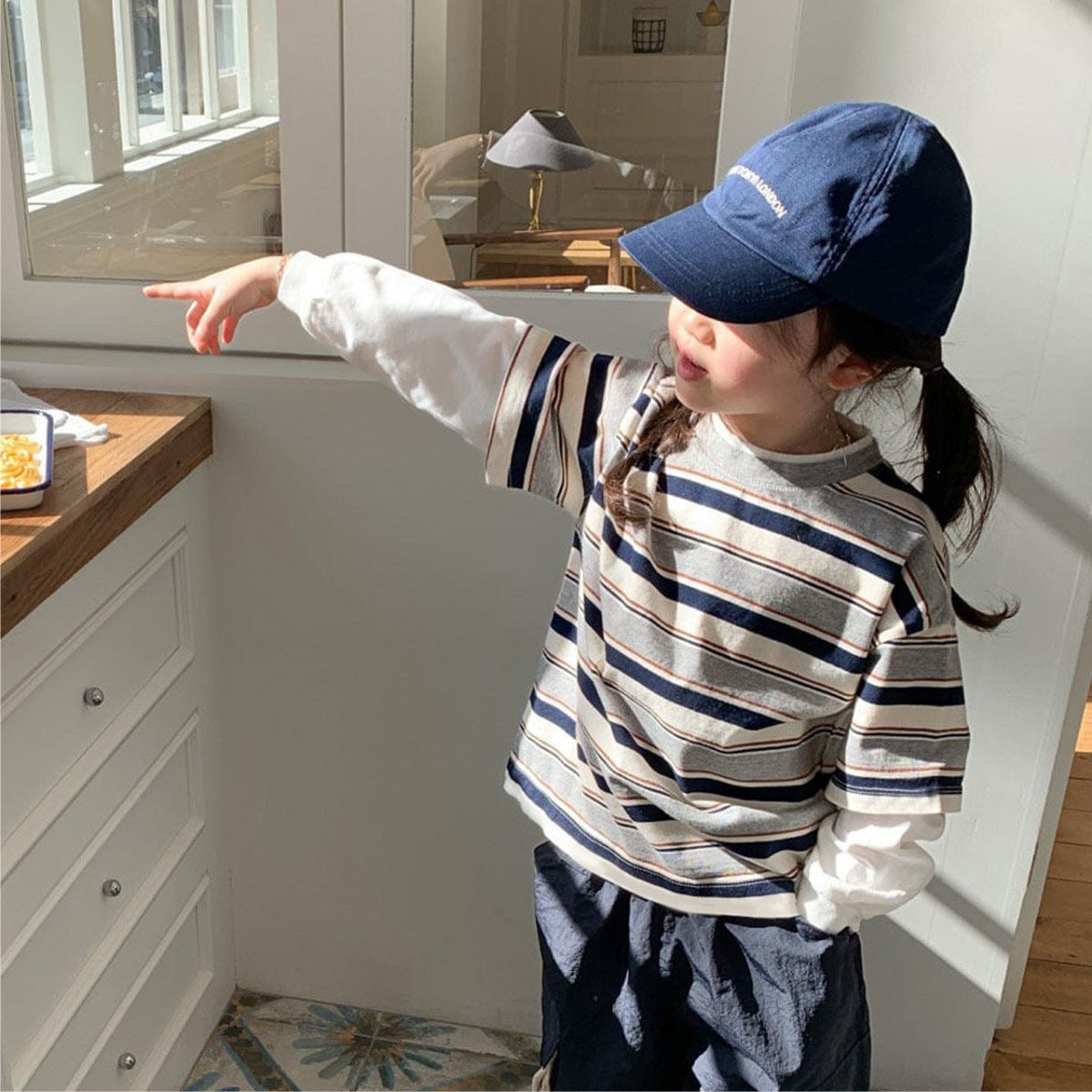 長袖Tシャツ 重ね着風長袖Tシャツ ボーダー柄 フェイクレイヤード コットンキッズトップス【mh0010883】