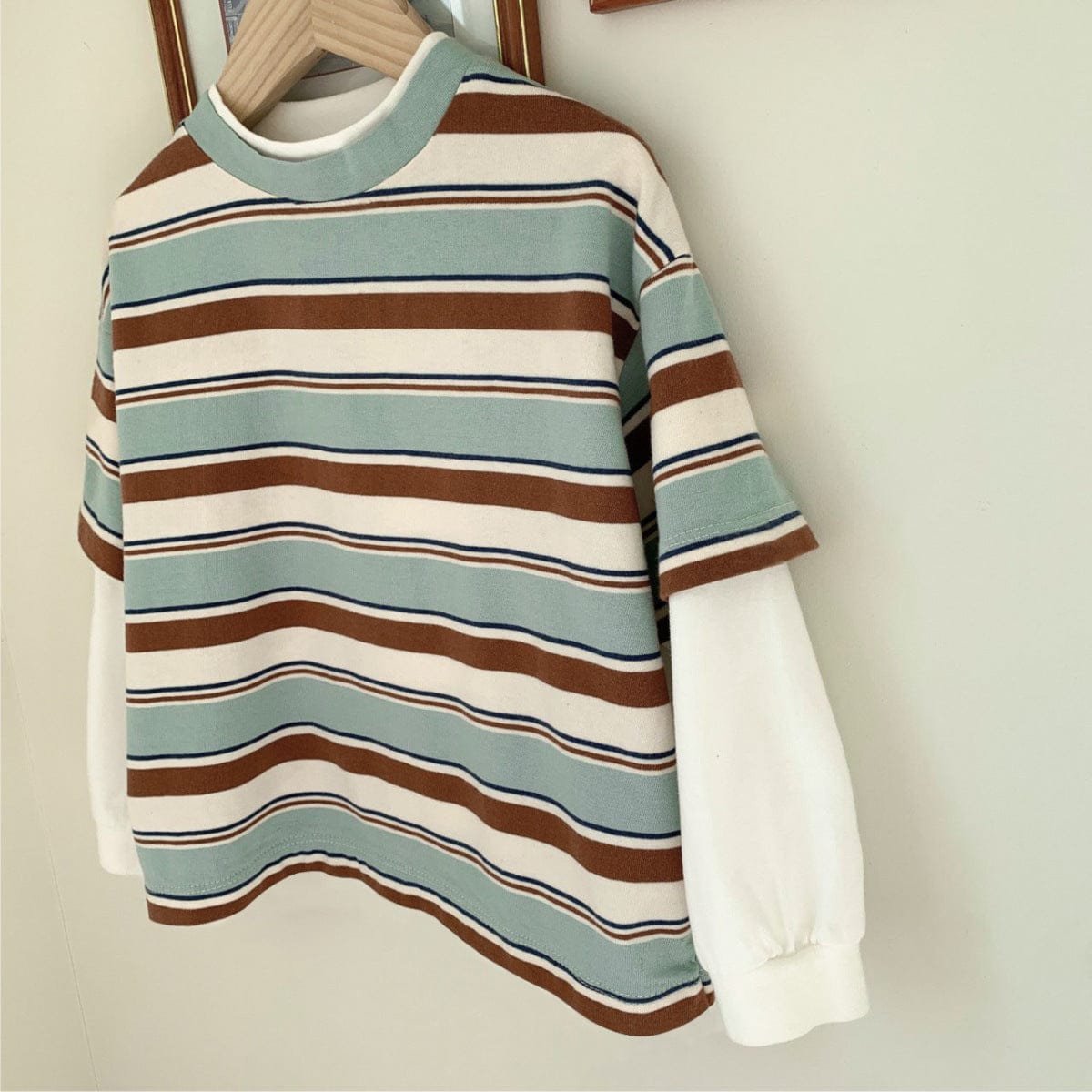 長袖Tシャツ 重ね着風長袖Tシャツ ボーダー柄 フェイクレイヤード コットンキッズトップス【mh0010883】