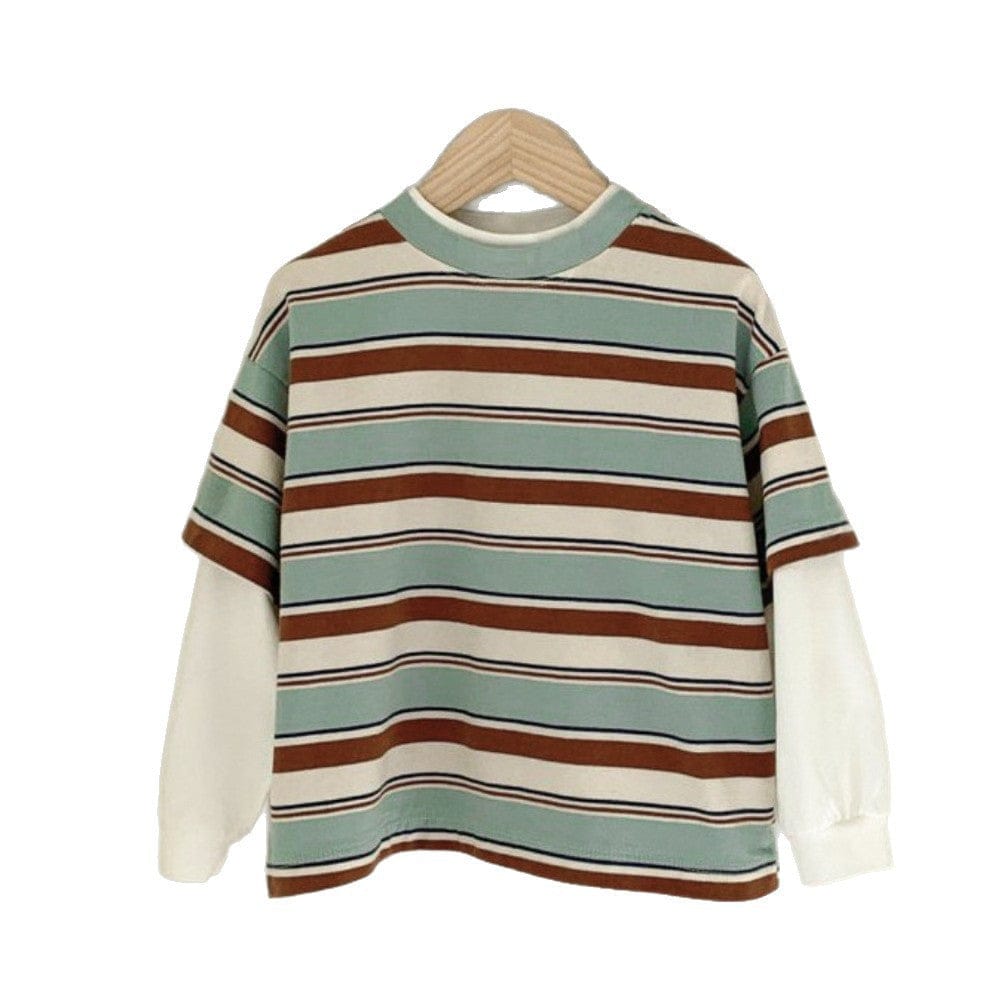 長袖Tシャツ 重ね着風長袖Tシャツ ボーダー柄 フェイクレイヤード コットンキッズトップス【mh0010883】