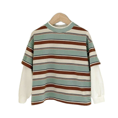 長袖Tシャツ 重ね着風長袖Tシャツ ボーダー柄 フェイクレイヤード コットンキッズトップス【mh0010883】