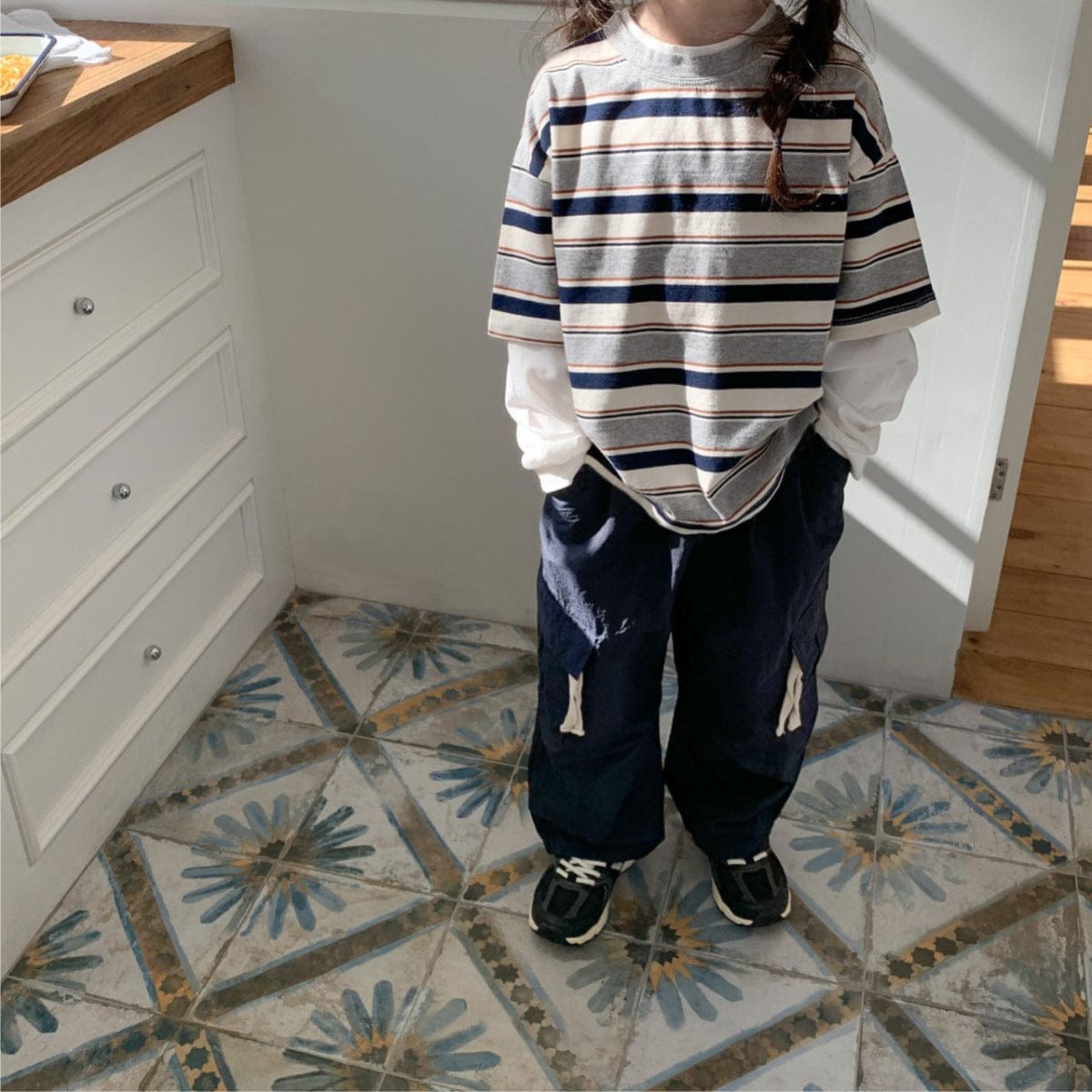 長袖Tシャツ 重ね着風長袖Tシャツ ボーダー柄 フェイクレイヤード コットンキッズトップス【mh0010883】