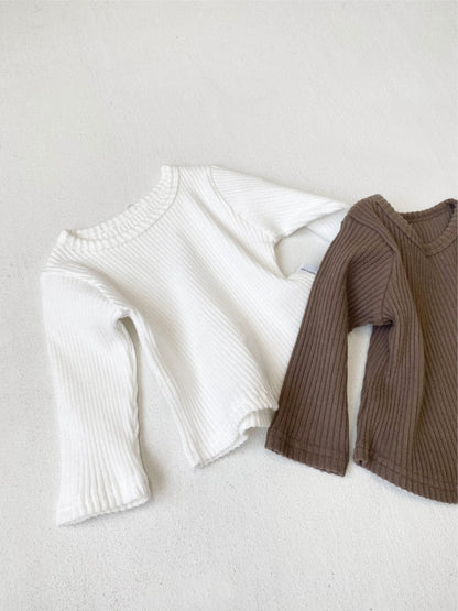 長袖Tシャツ リブ編み長袖Tシャツ シンプルデザイン コットンキッズトップス【mh0010897】