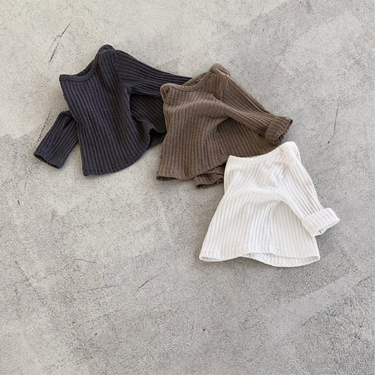 長袖Tシャツ リブ編み長袖Tシャツ シンプルデザイン コットンキッズトップス【mh0010897】