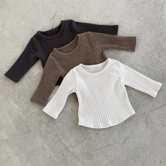 長袖Tシャツ リブ編み長袖Tシャツ シンプルデザイン コットンキッズトップス【mh0010897】