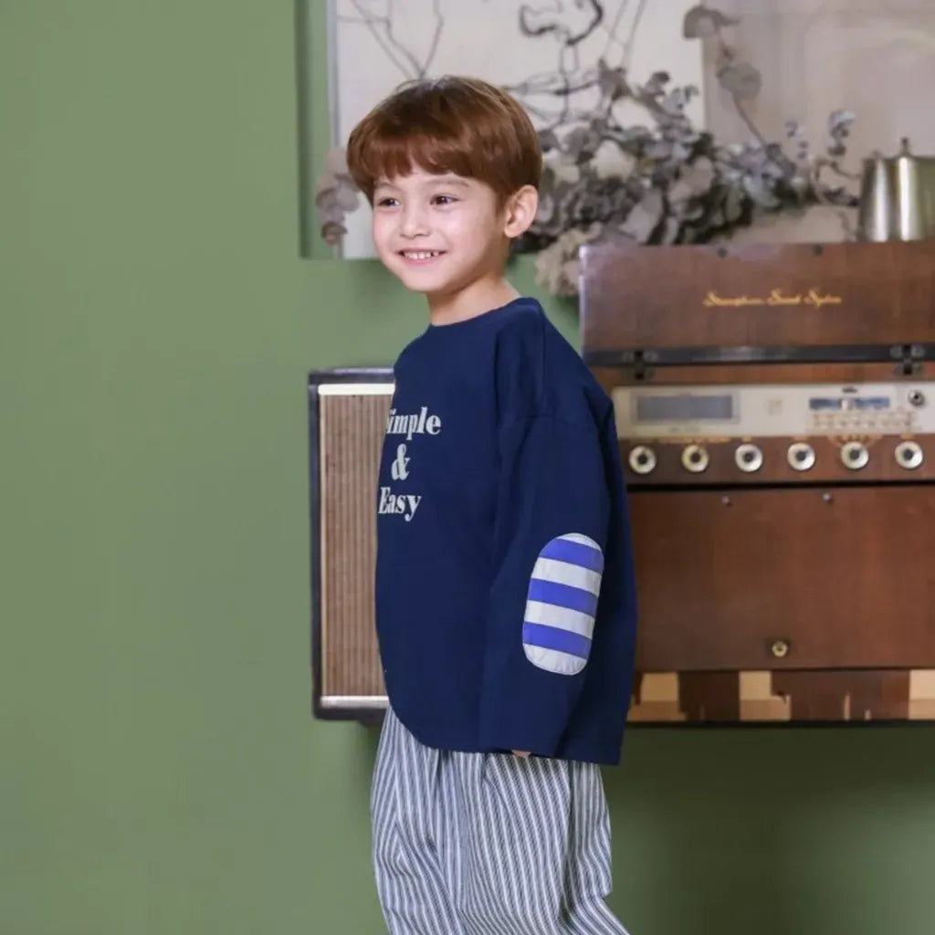 長袖Tシャツ 英字ロゴプリントエルボーパッチ長袖Tシャツ【mh0011113】