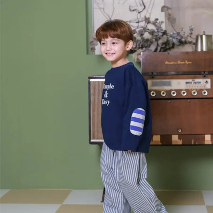 長袖Tシャツ 英字ロゴプリントエルボーパッチ長袖Tシャツ【mh0011113】